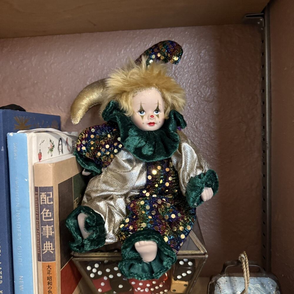 Porcelain Harlequin Jester Doll Mardi Gras @ 4”-5” Tall Vintage